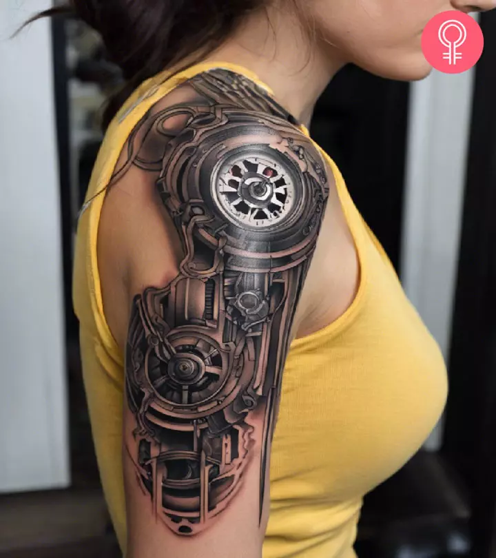 Biomechanical tattoo on a woman’s arm