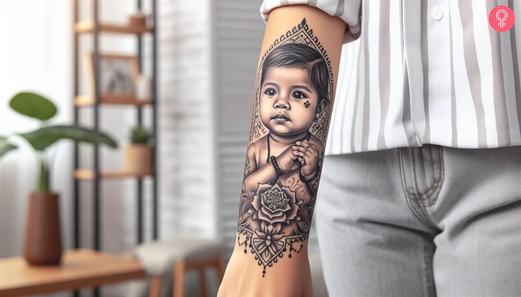 A black-and-gray Chicano tattoo featuring the portrait of a baby