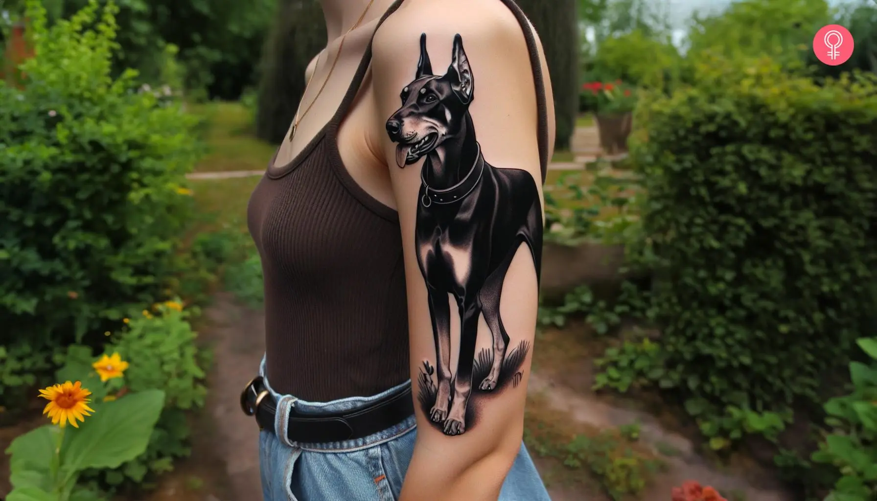 A black and white Doberman tattoo on a woman’s upper arm