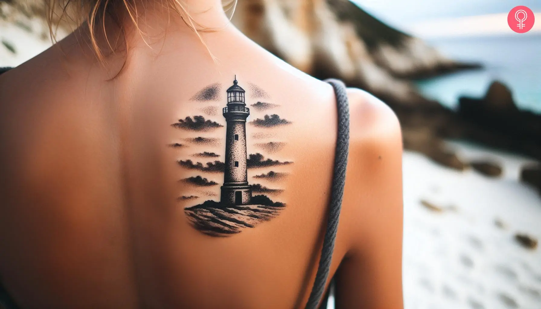 A shaded black and white lighthouse tattoo on the back of a woman’s shoulder