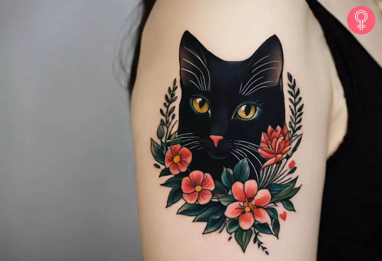 Black cat flower tattoo on a woman’s upper arm