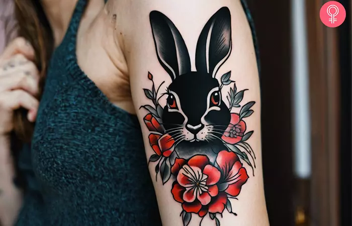 A woman with a black rabbit tattoo on the upper arm