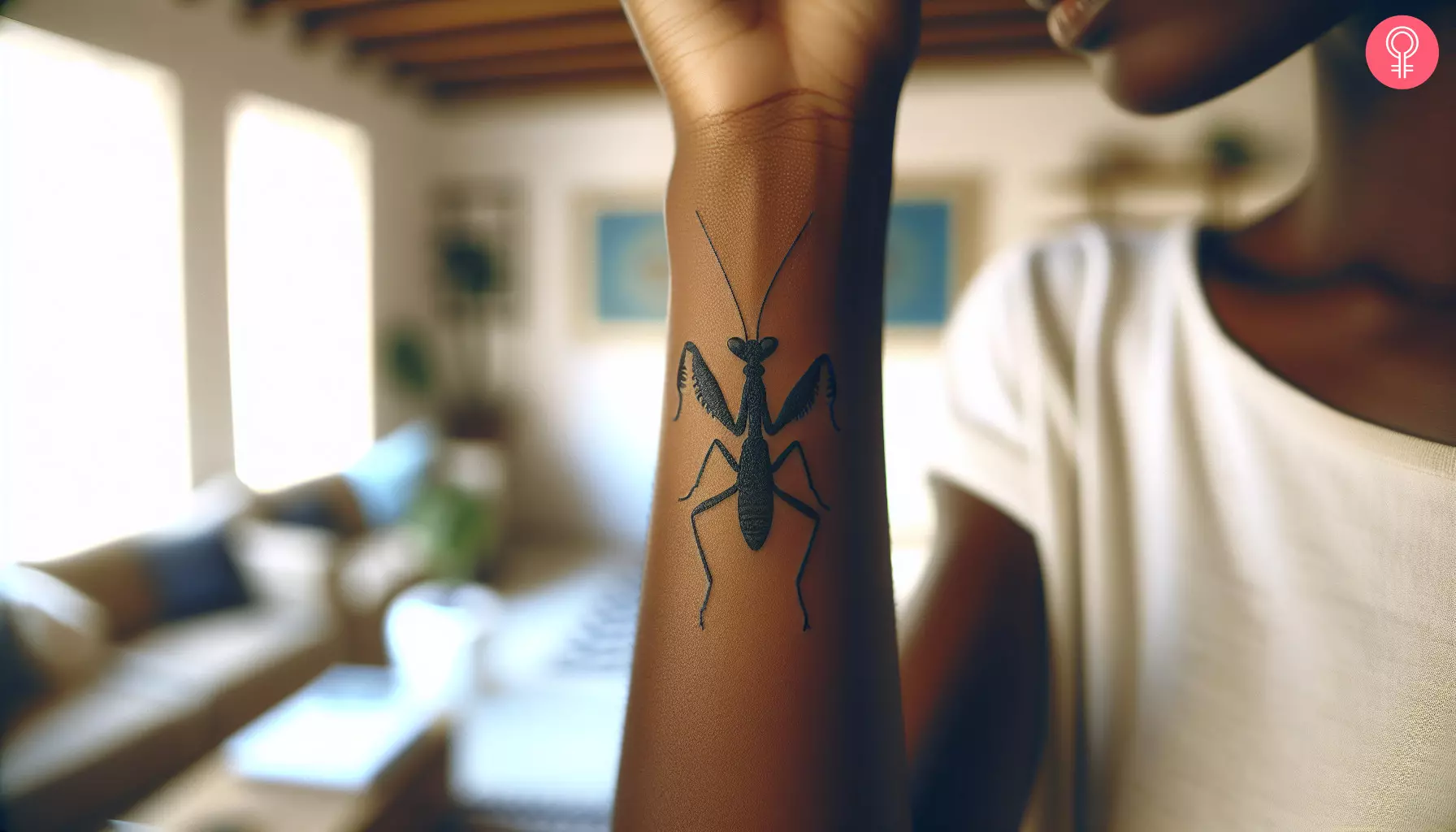 Black praying mantis tattoo on the wrist