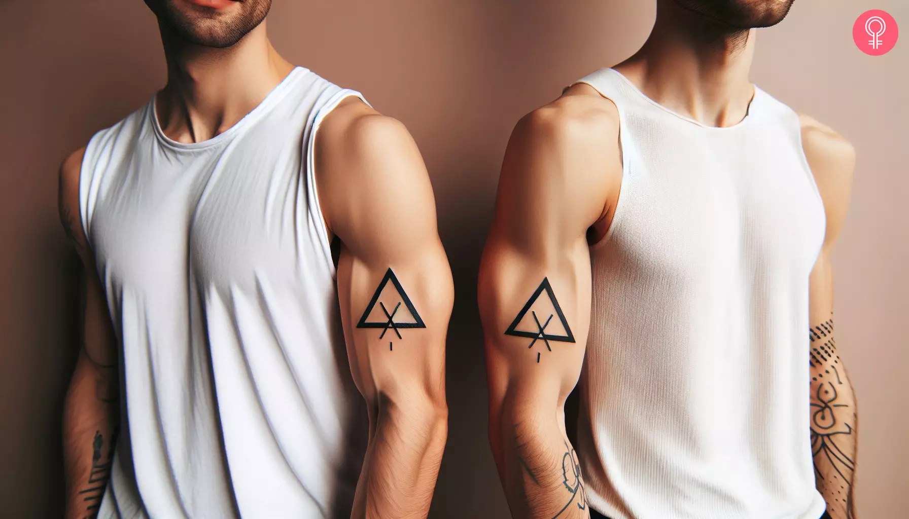 Striking black triangle tattoos on upper arms