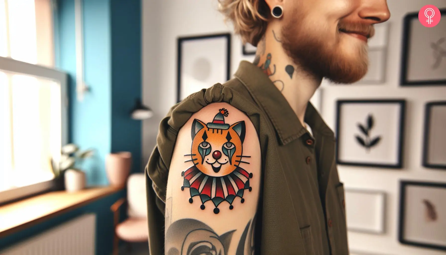 An old school cat clown tattoo on the shoulder