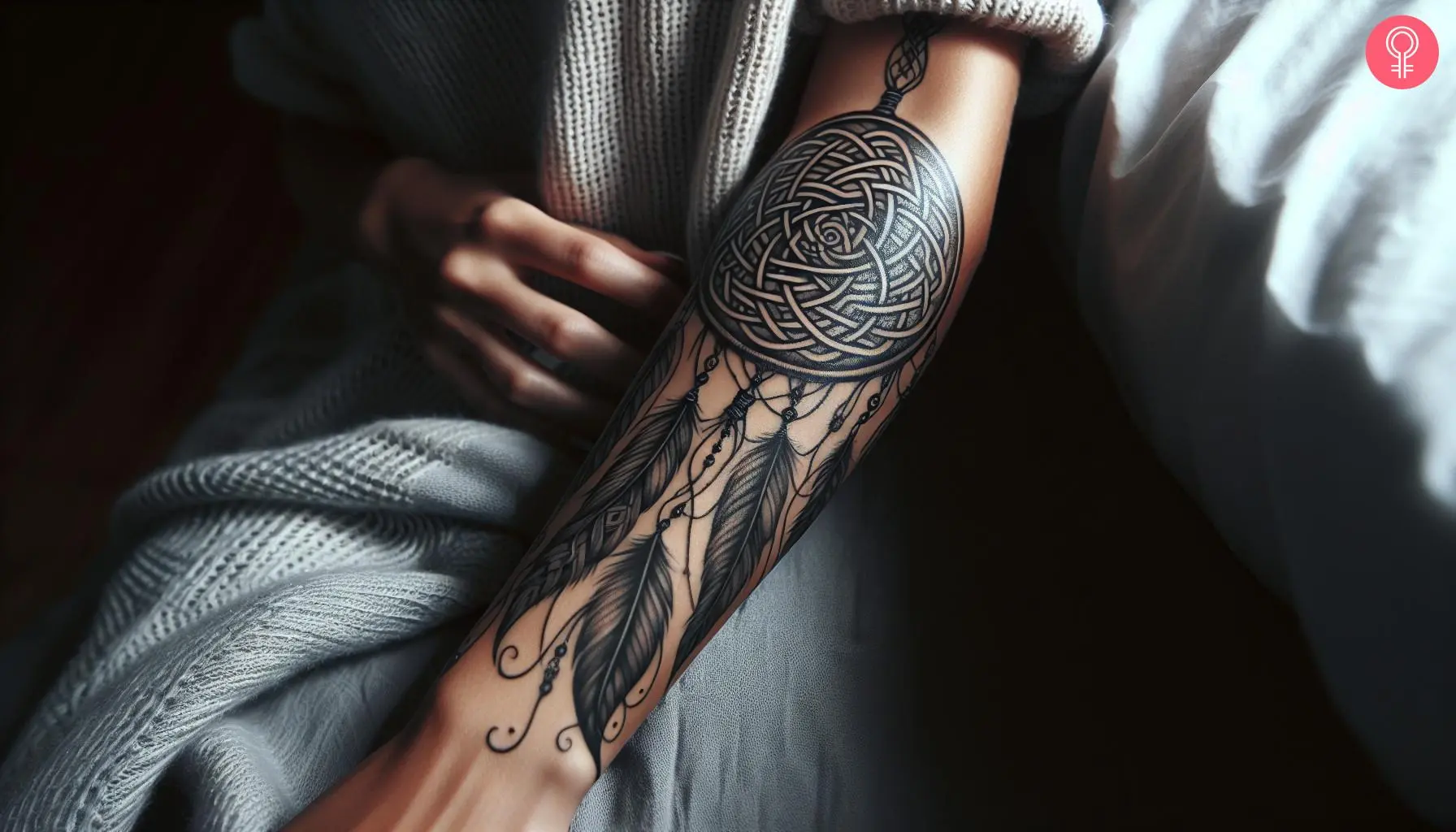 A Celtic knotwork dreamcatcher tattoo on a woman’s forearm