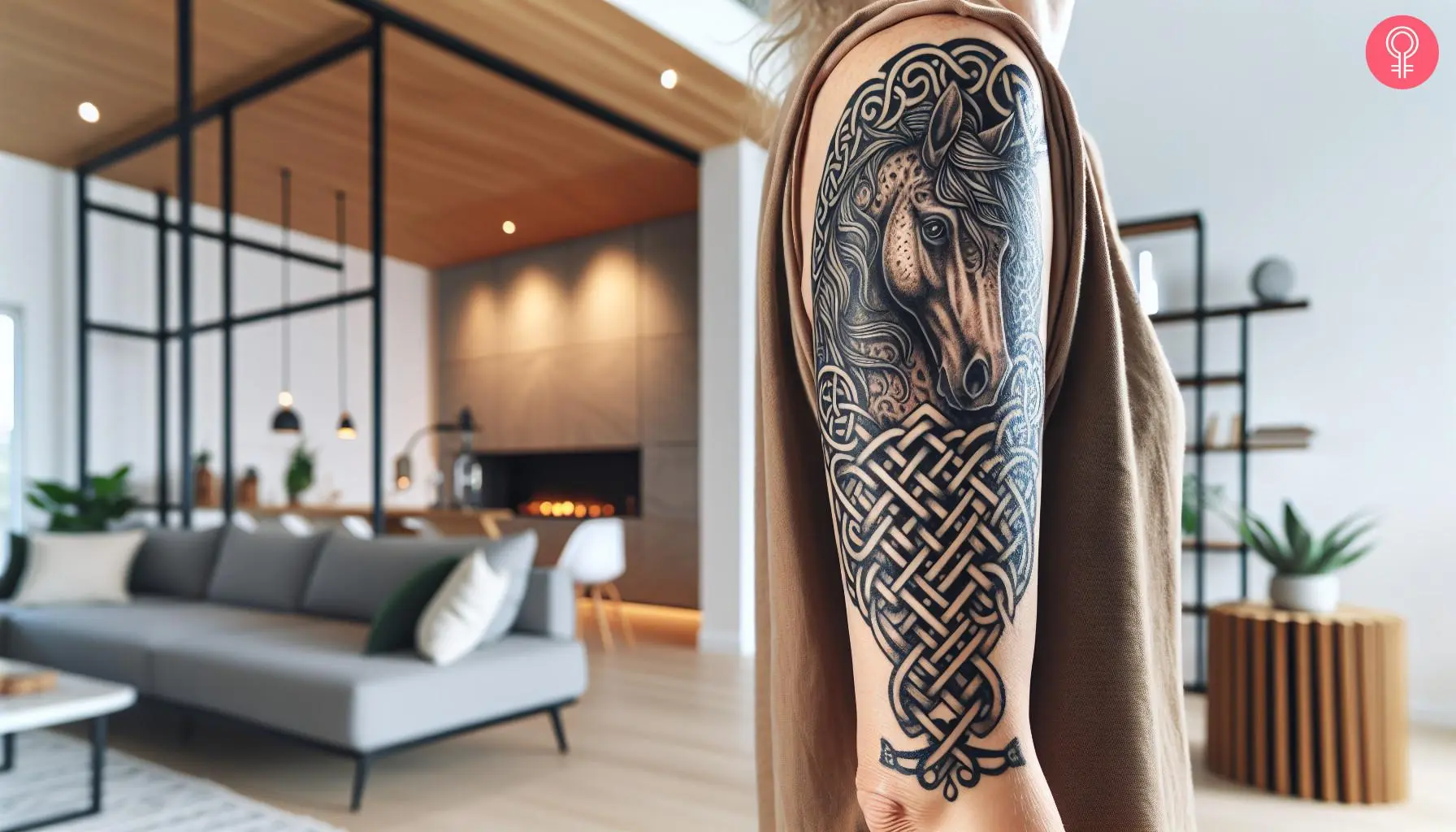 A Celtic tribal horse tattoo on a woman’s upper arm