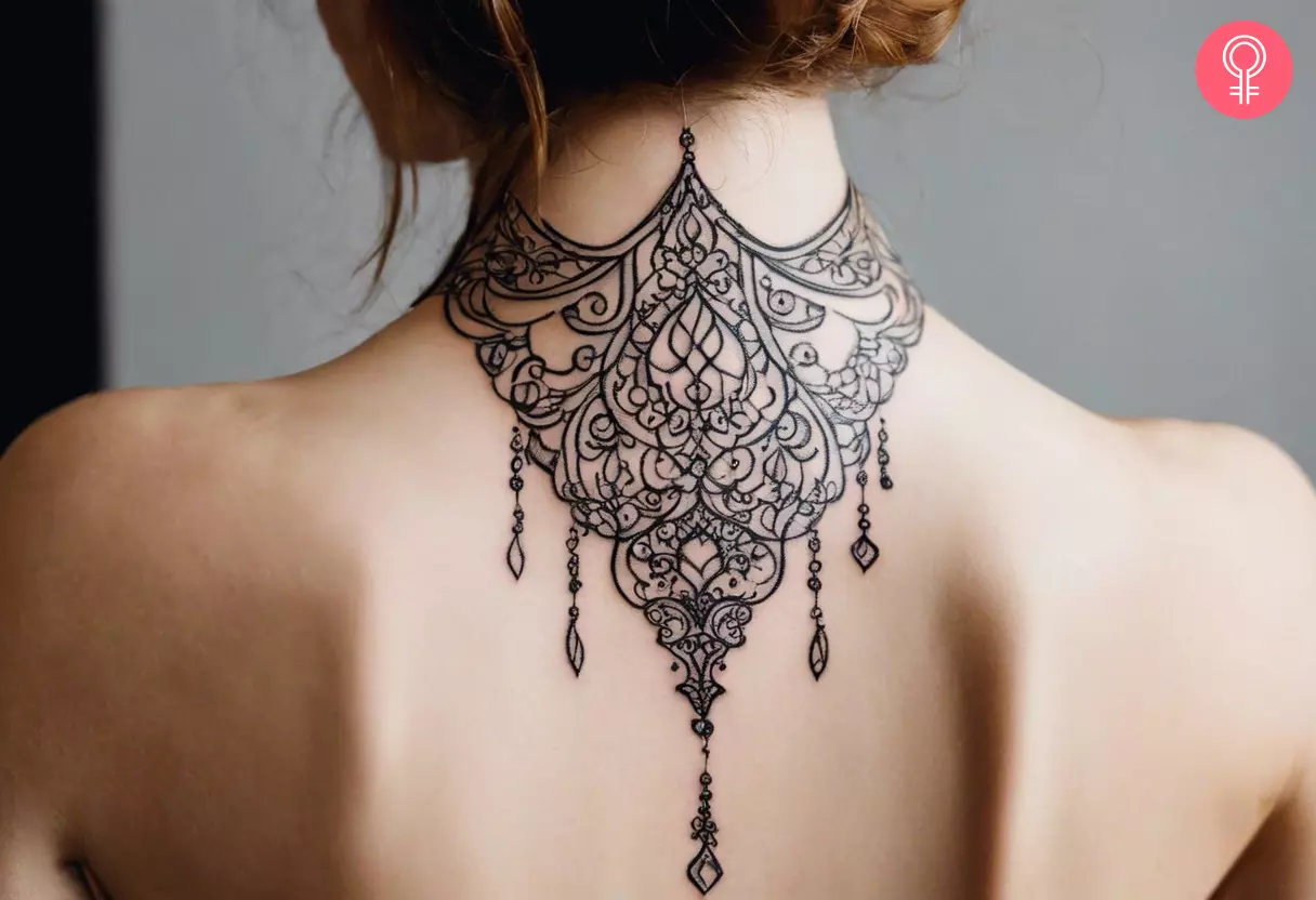 Chandelier neck tattoo