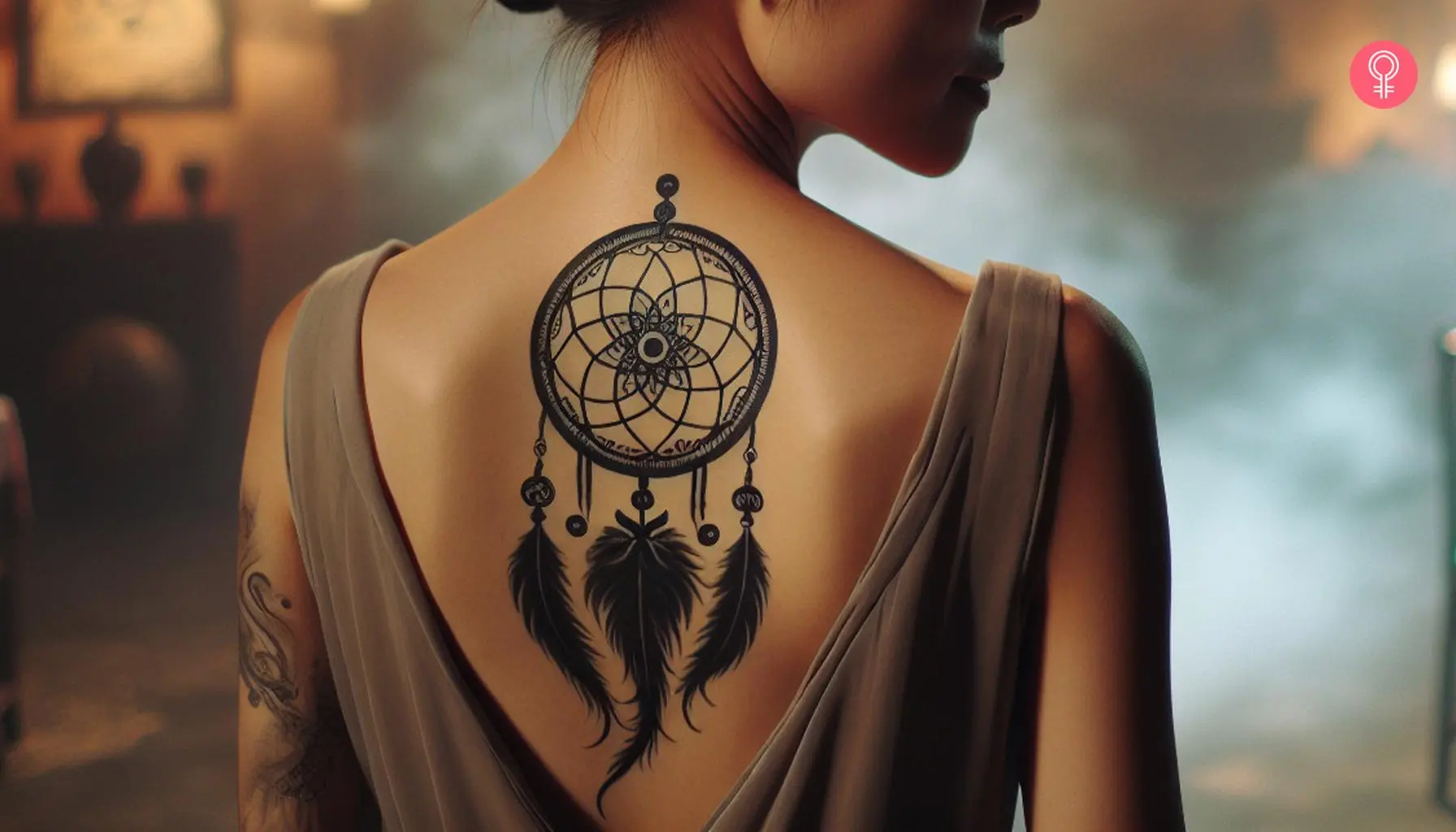 A beautiful Cherokee dreamcatcher tattoo on a woman’s upper back