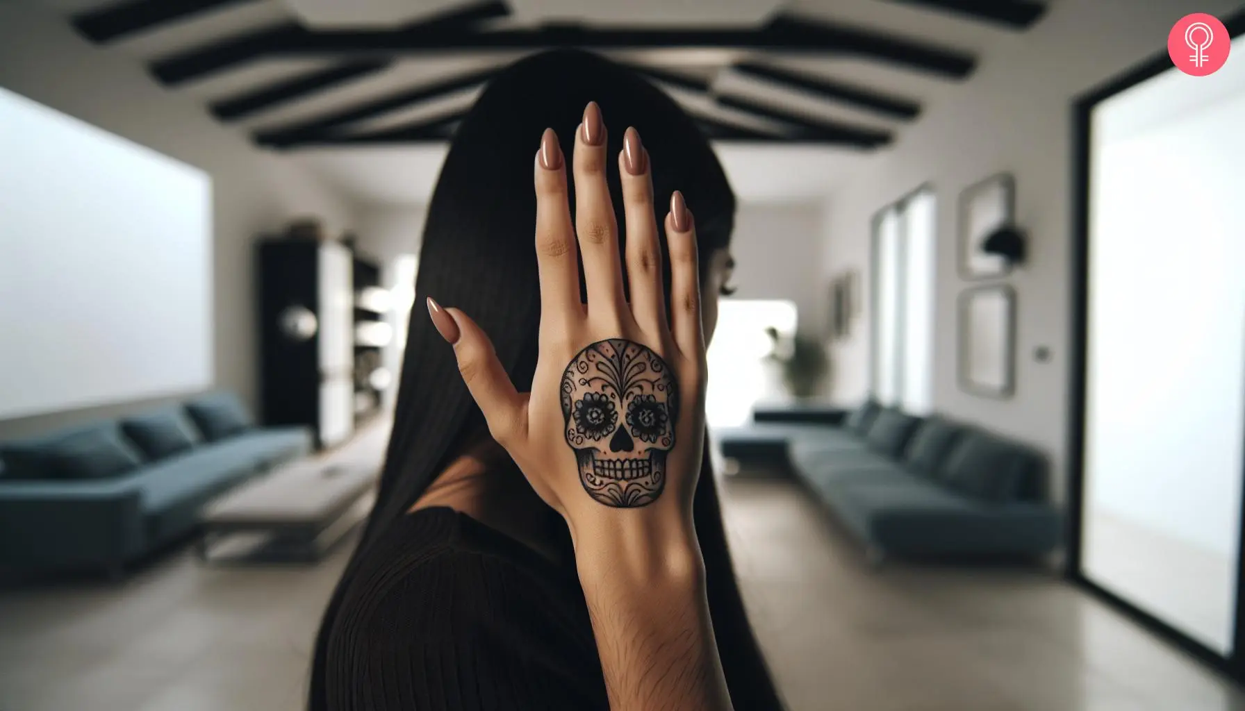 A Chicano art tattoo on a woman’s hand featuring a sugar skull