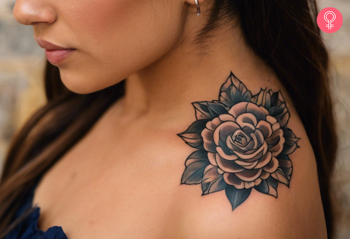 A Chicano-style tattoo on the shoulder of a woman