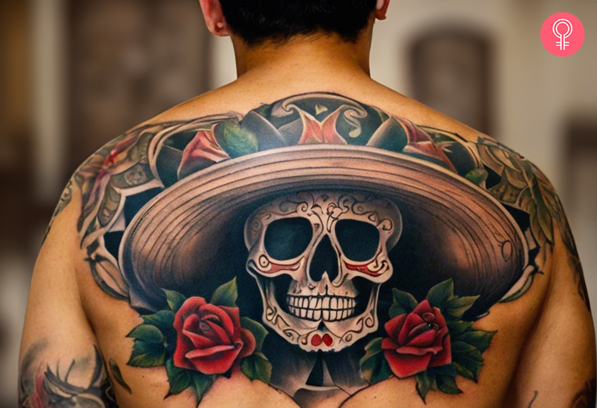 A tattoo on the back showing a Chicano-style skull donning a sombrero