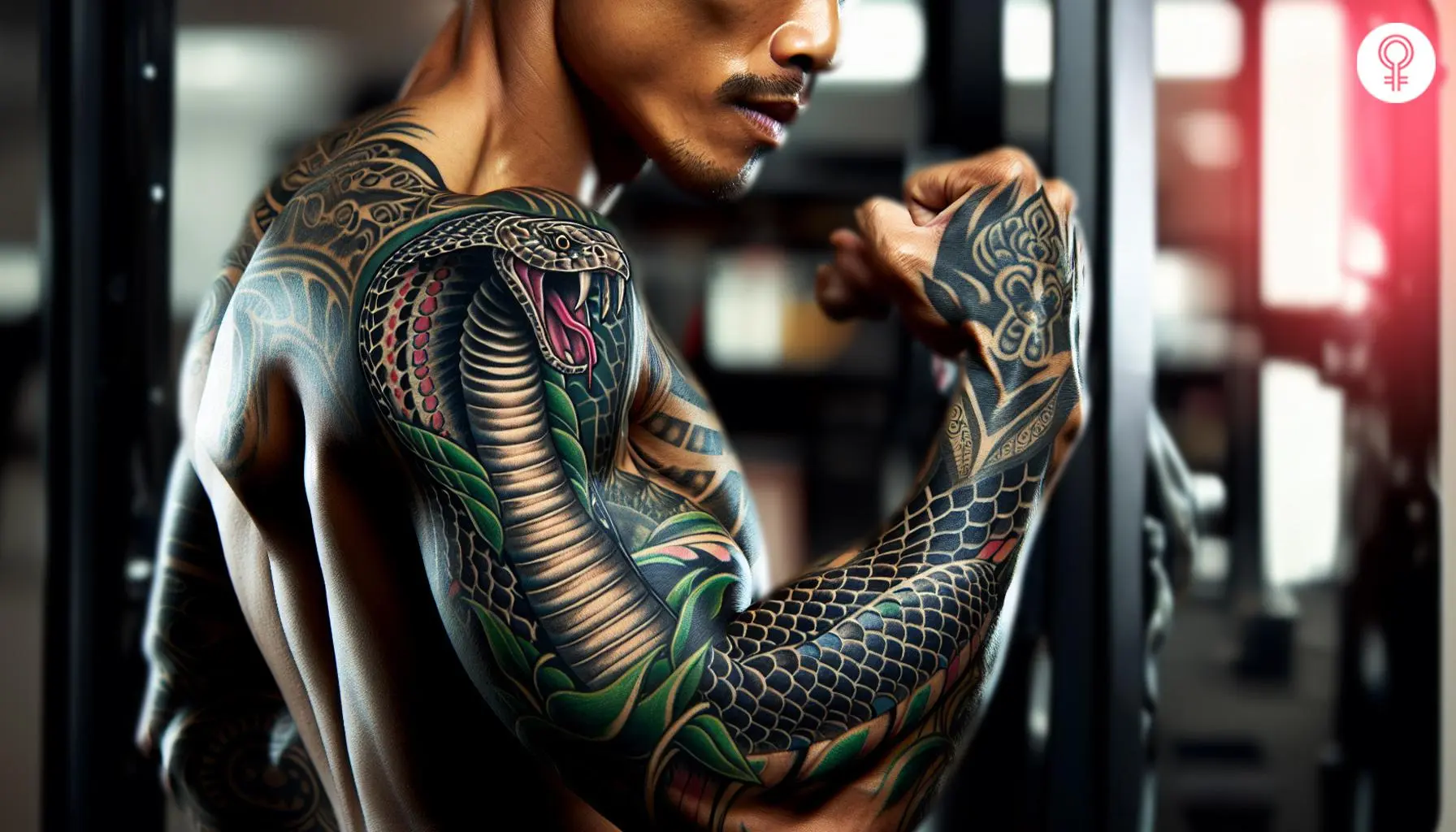 A detailed and realistic cobra tattoo covering a man’s whole arm