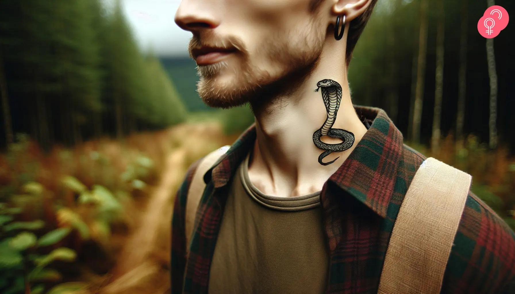 A small and minimalistic cobra tattoo on the side of a man’s neck