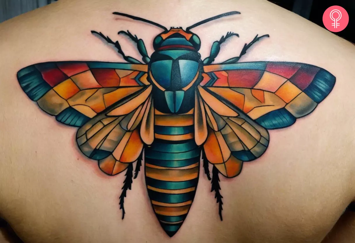 Colorful geometric cicada tattoo on the back of a man