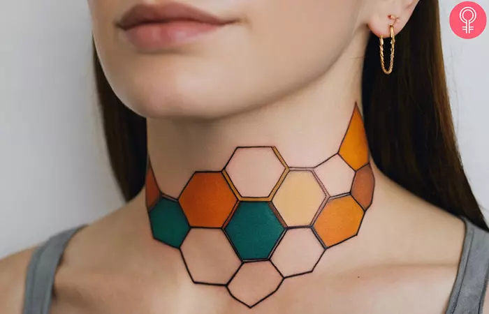 Colorful honeycomb tattoo on the neck