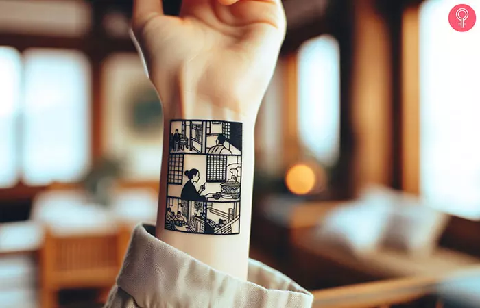 A comic book tattoo on the wrist