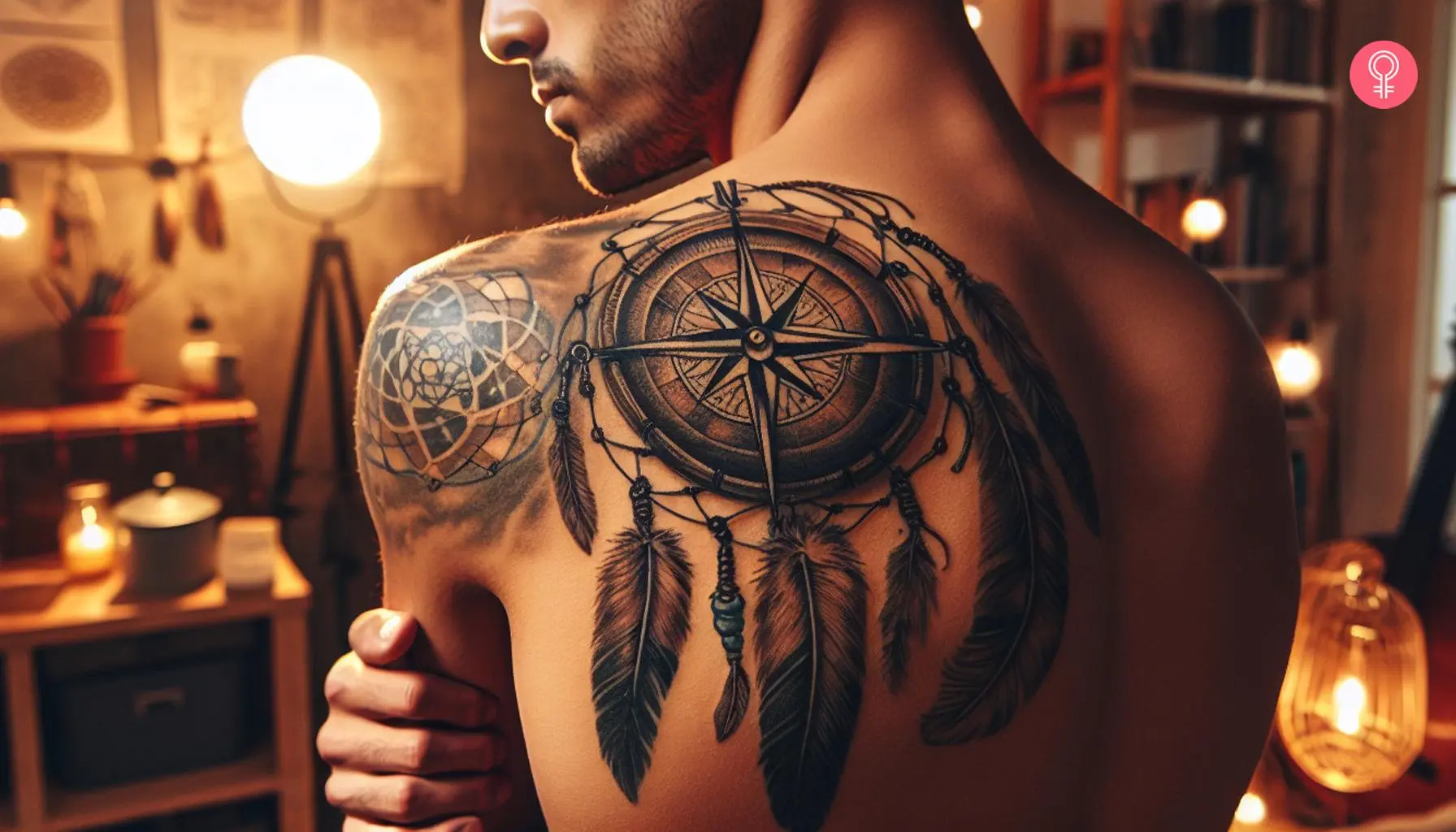 A compass dreamcatcher tattoo on the back of a man’s shoulder