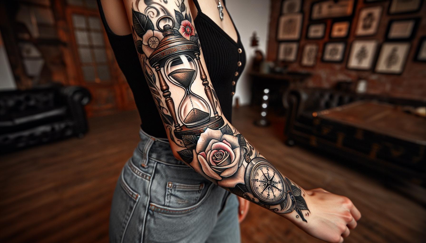 Compass and hourglass tattoo on a woman’s sleeve