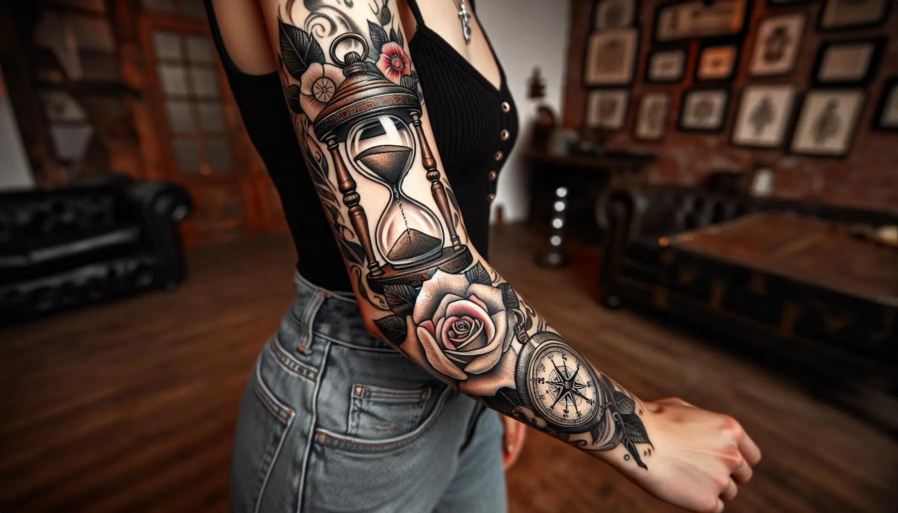 Compass and hourglass tattoo on a woman’s sleeve