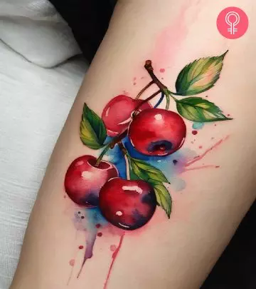 A woman with a cherry blossom tattoo on her arm