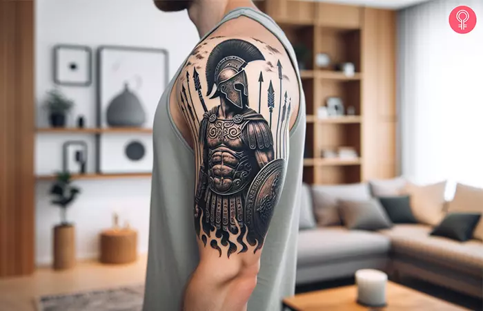 A cool Spartan tattoo of a warrior in the battle field