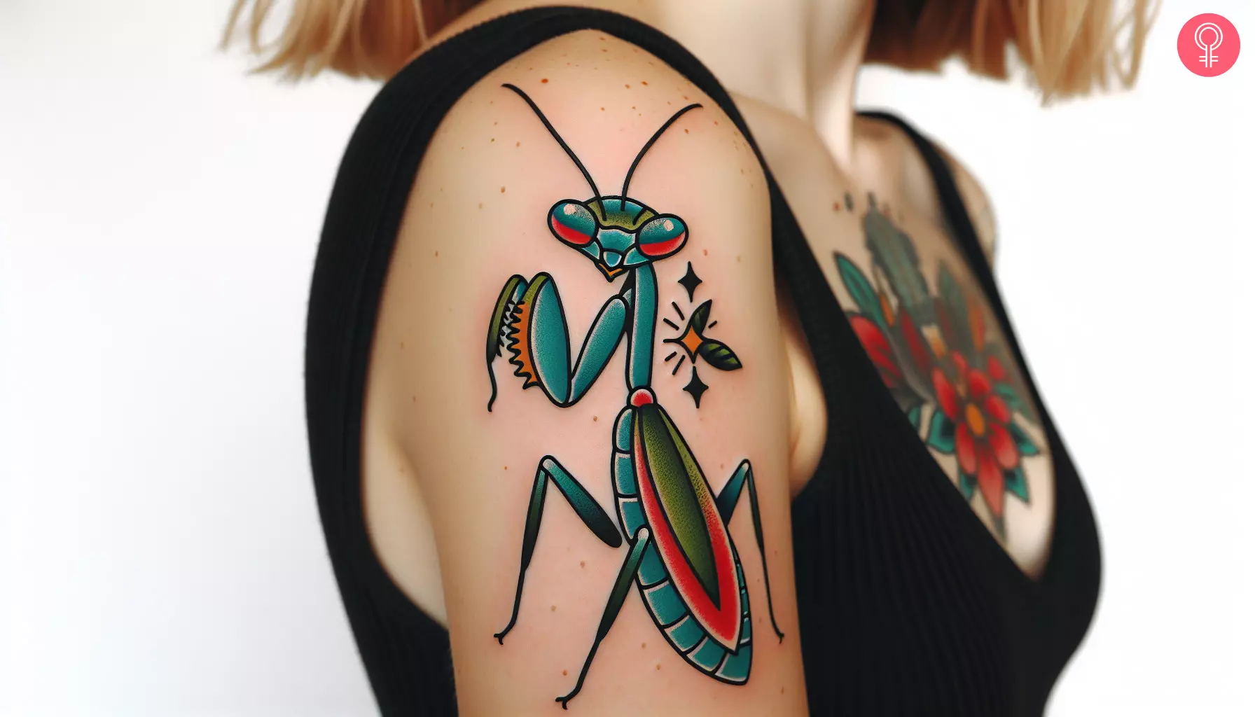 Cute praying mantis tattoo on the upper arm