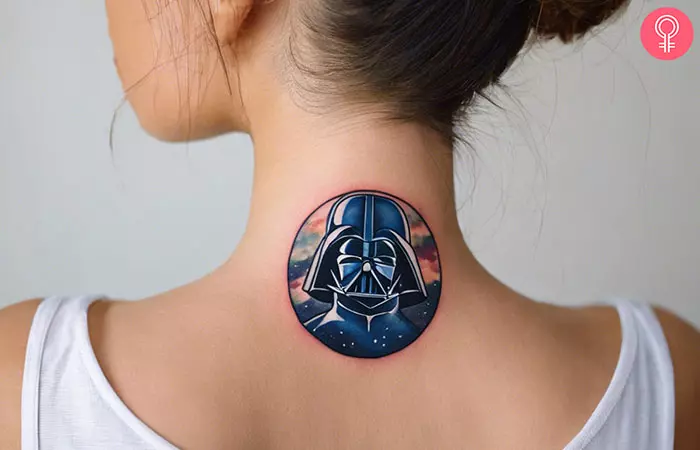 Darth Vader tattoo on the back of the neck