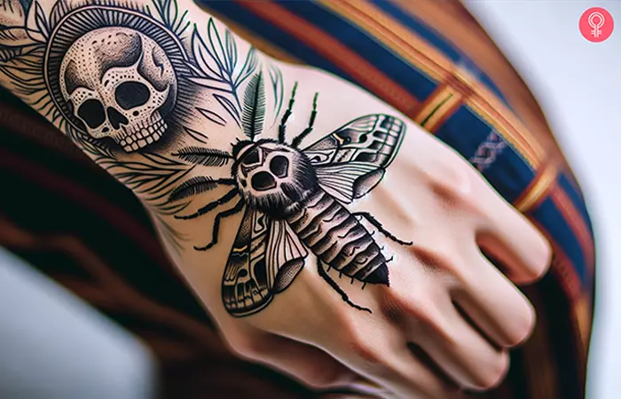 A woman with a death moth tattoo design on her hand