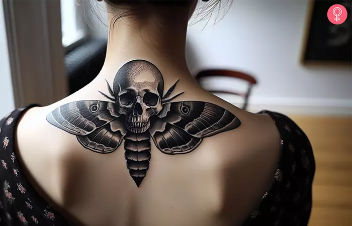 A woman with a black death moth tattoo on her nape