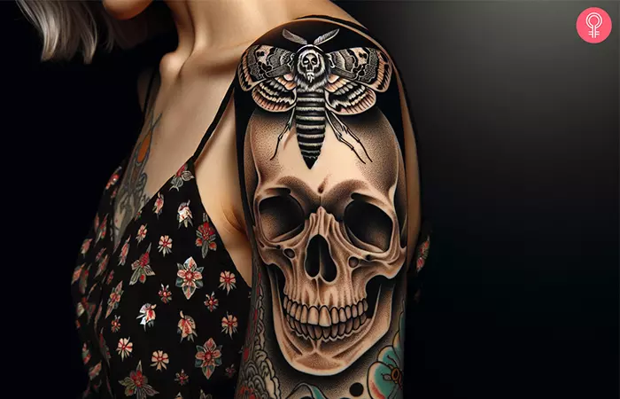 A woman with a death moth and skull tattoo on her upper arm