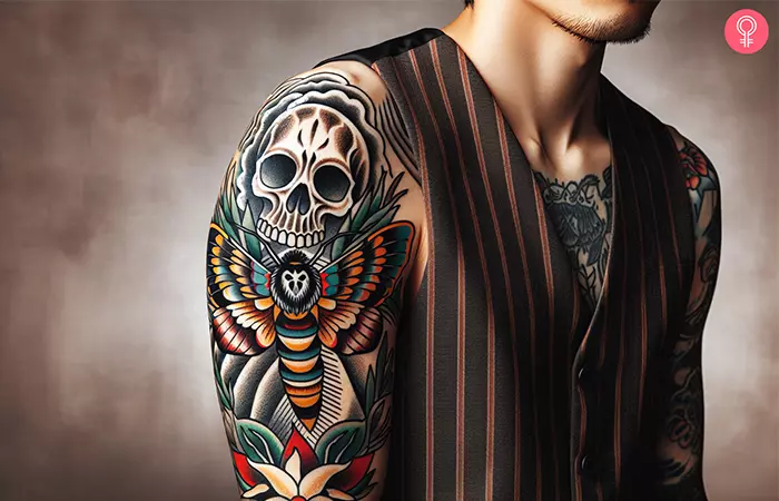 A man with a colorful death moth tattoo on his upper arm