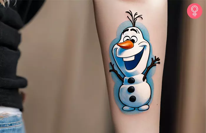 A Disney character tattoo on a woman’s forearm