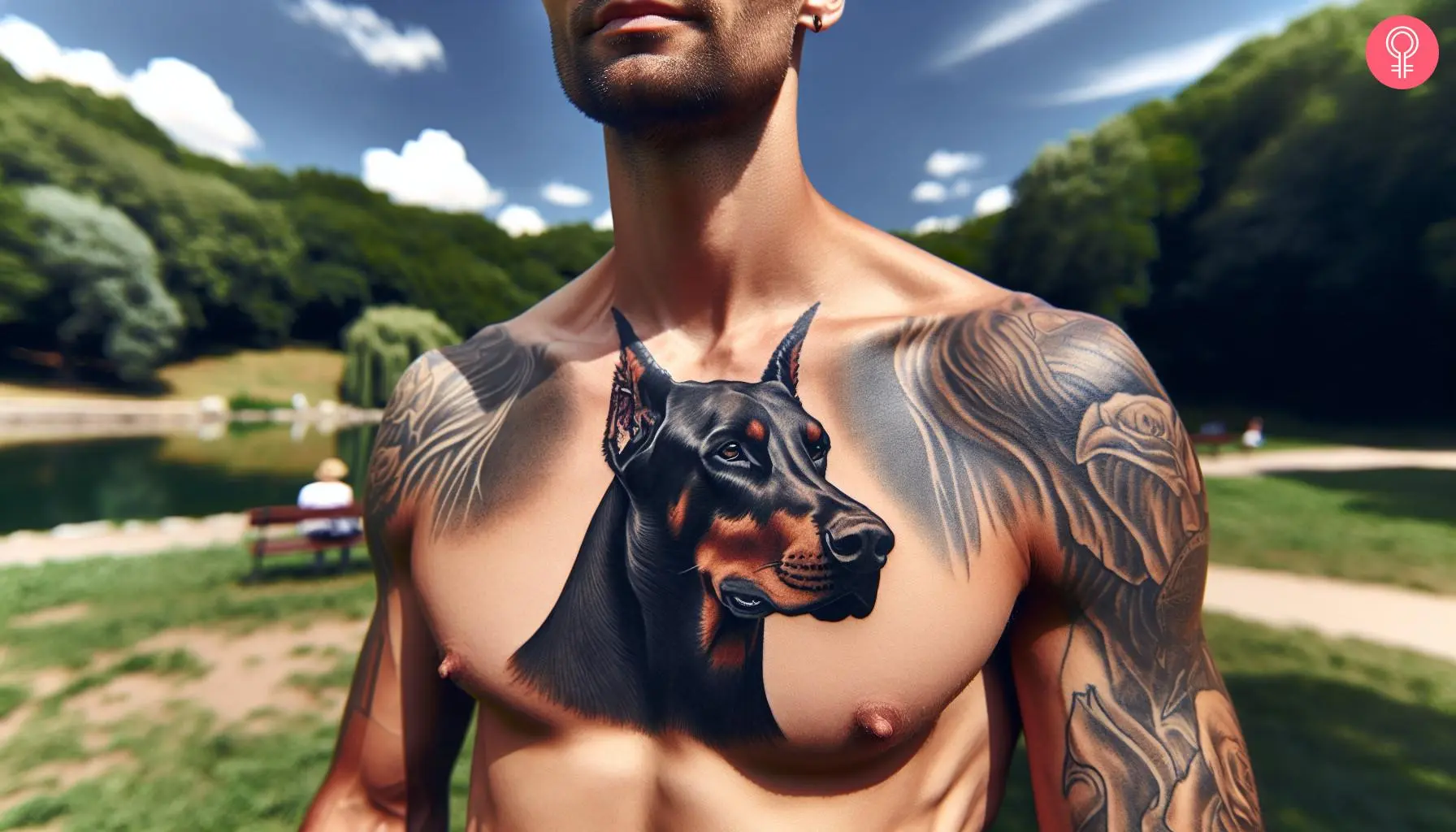 A realistic portrait tattoo of a Doberman on a man’s chest