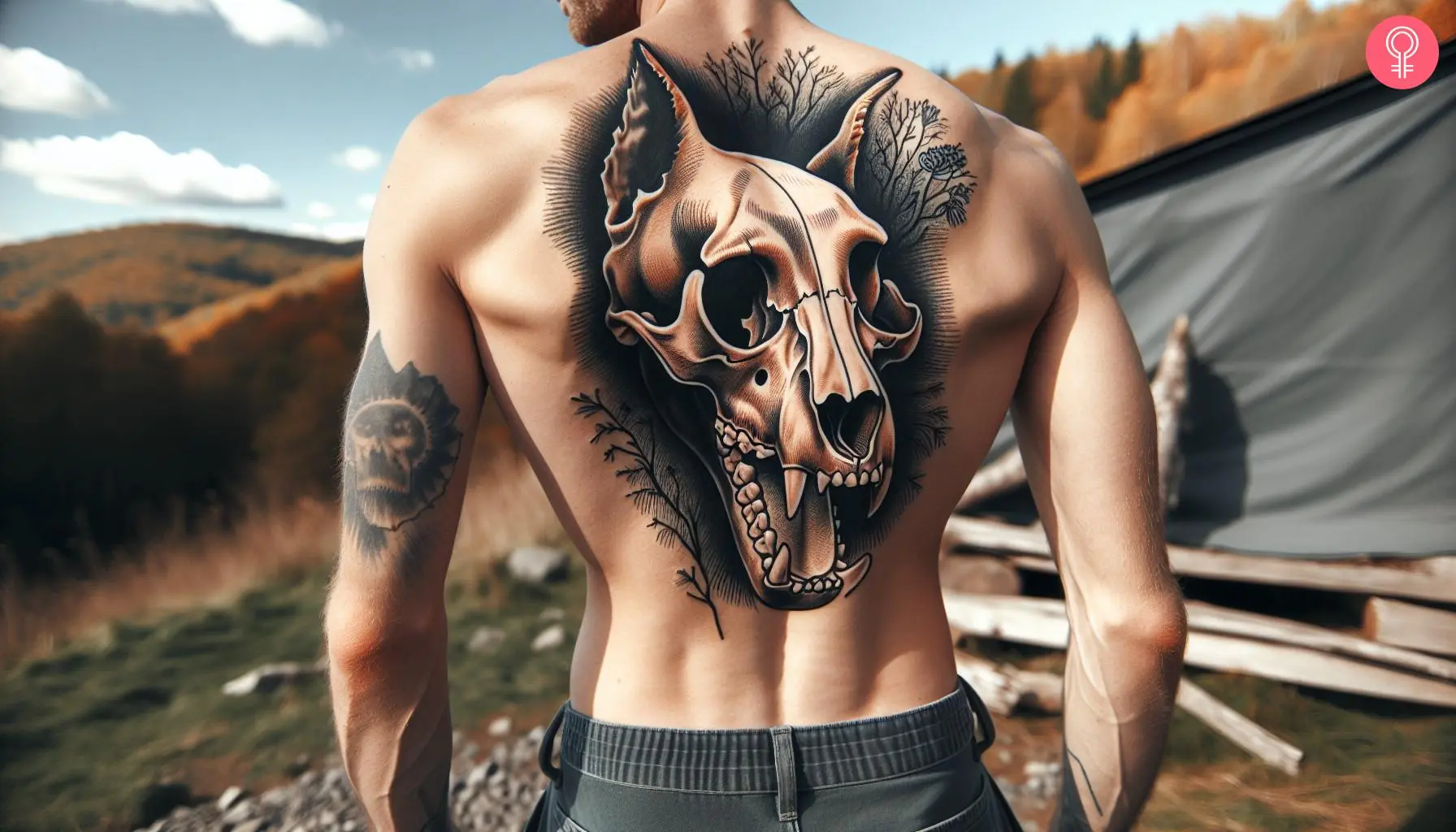 A bold and big Doberman skull tattoo on a man’s back