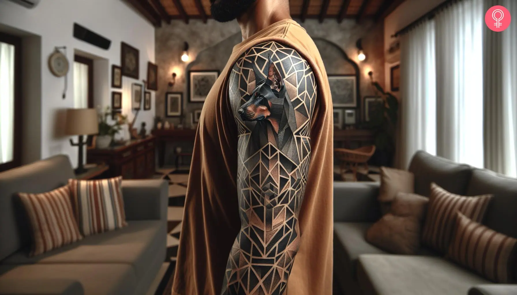 Man with a geometric Doberman full-sleeve tattoo