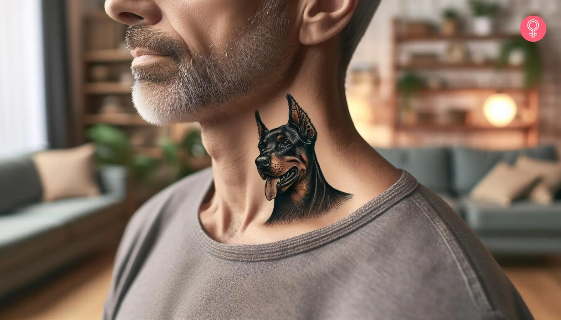 A small and realistic Doberman tattoo on the side of man’s neck