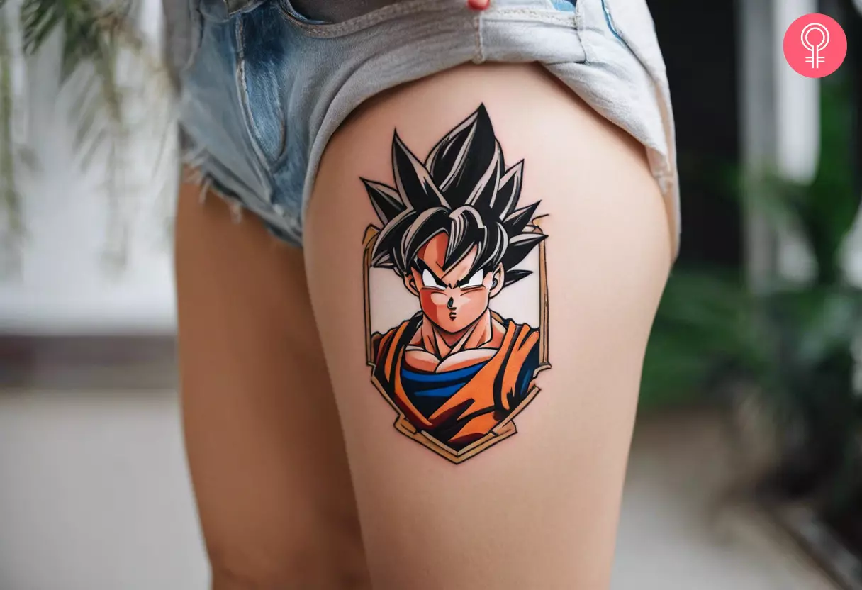 A colorful Goku tattoo on the upper thigh