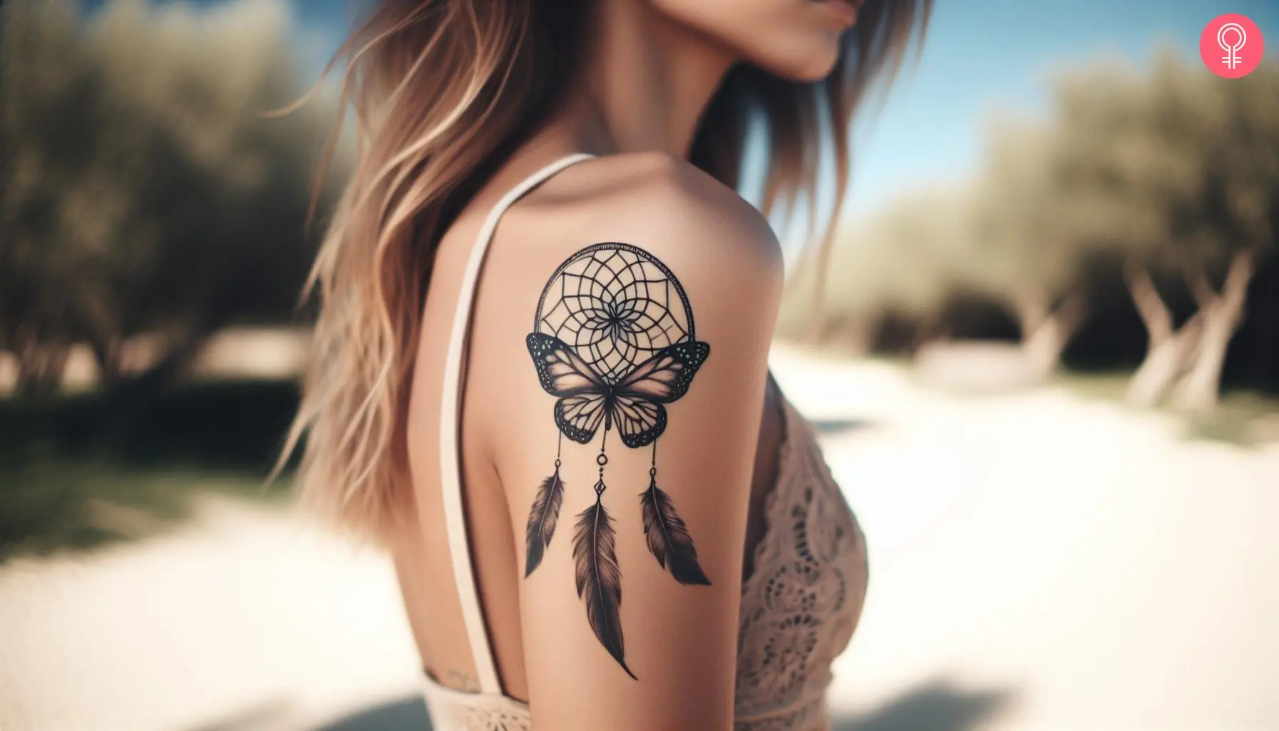 A dreamcatcher tattoo fused with a butterfly on a woman’s upper arm