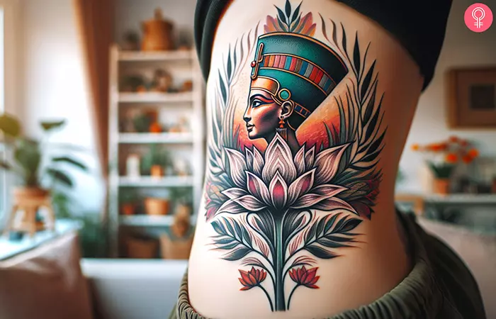 Egyptian goddess tattoo on the waist