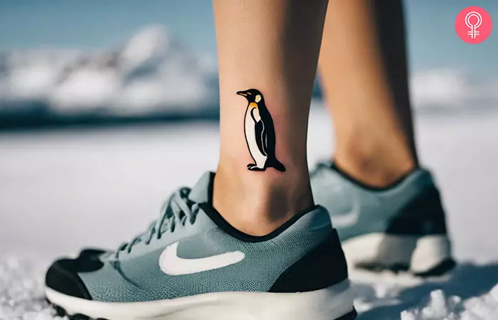 Emperor penguin tattoo above the ankle