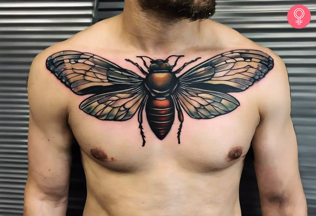 Ethereal cicada chest tattoo