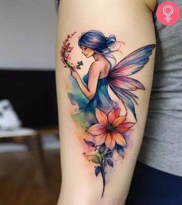 A woman with a wings tattoo design on upper arm.