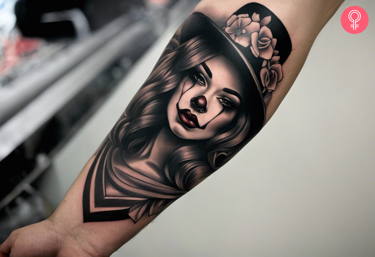 Chicano clown girl tattoo on the arm of a woman