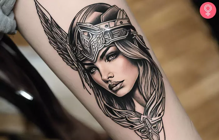 Female Valkyrie tattoo on the forearm