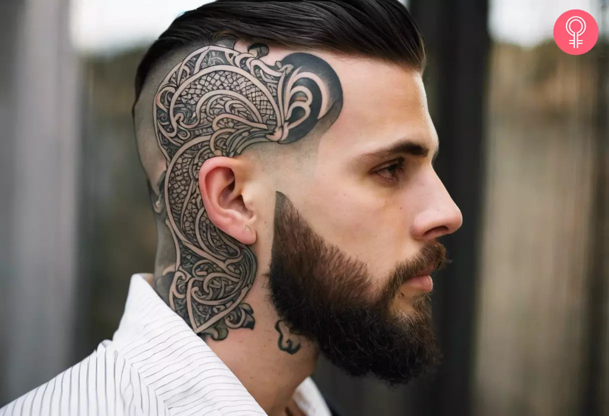 A man with a filigree head tattoo