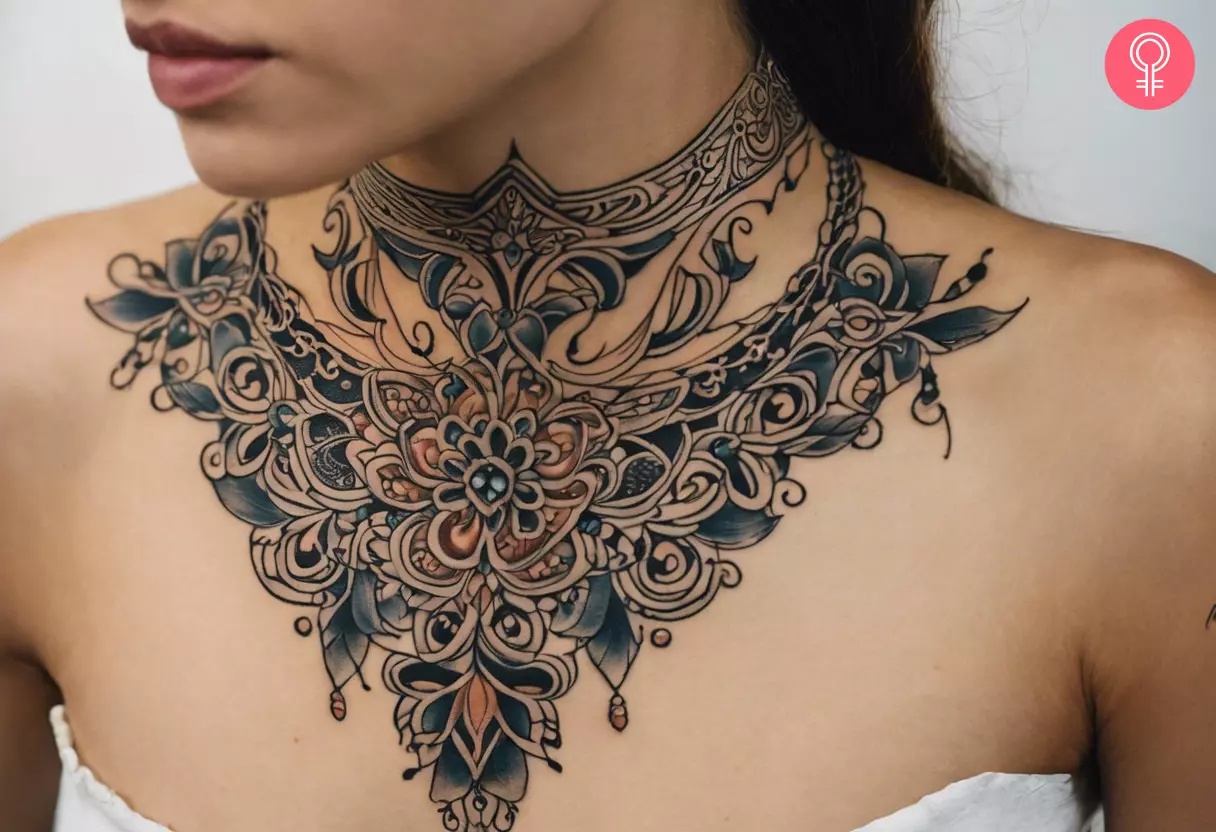 A woman with a filigree tattoo on her neck