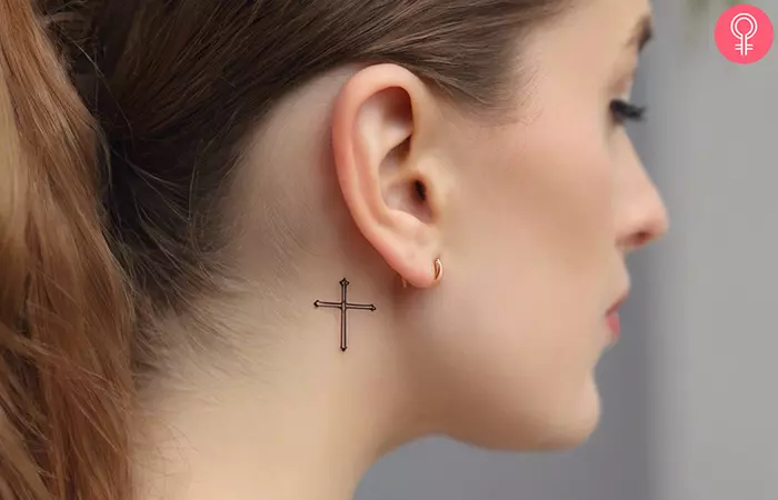 Fine Line Cross Tattoo Behind Ear
