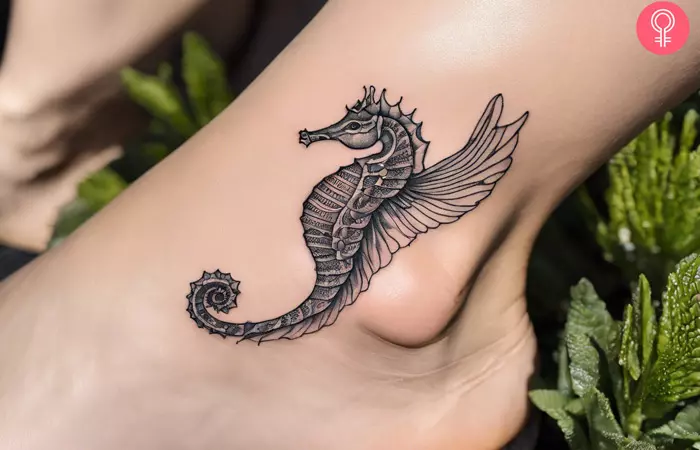 A woman with a fine-line seahorse tattoo on her ankle