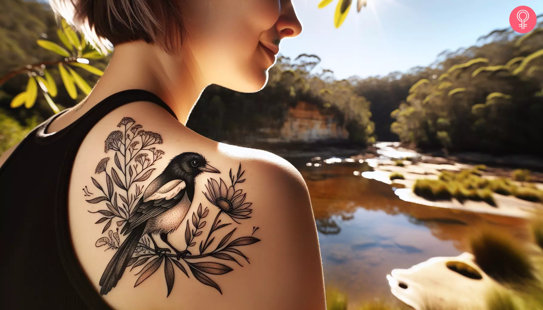 Fine line magpie tattoo on the shoulder